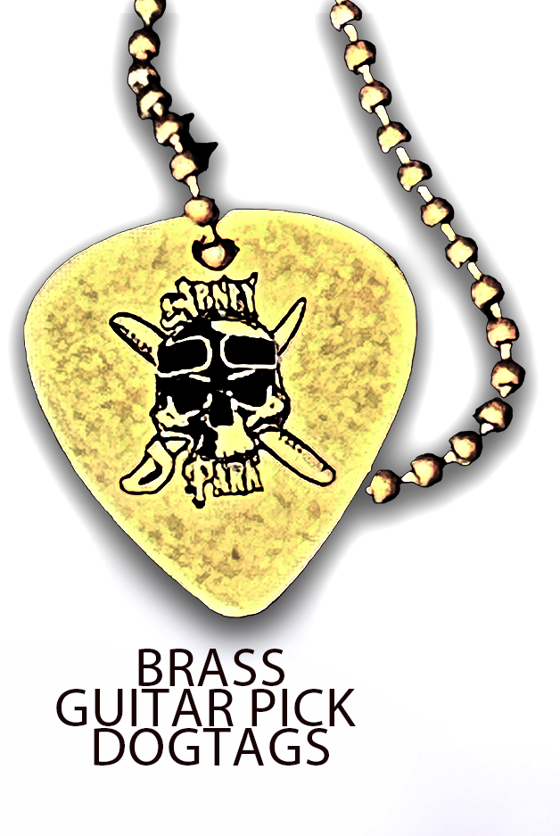 Brass guitar pick Dogtags - Click Image to Close